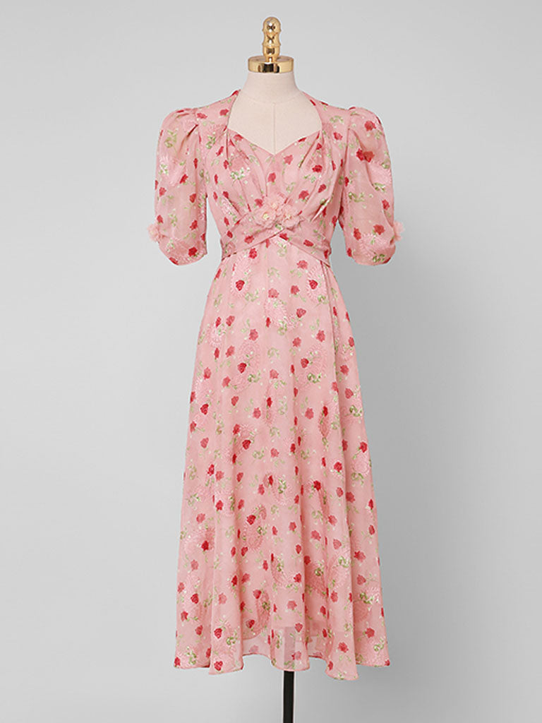 Pink Rose Floral Chiffon Vintage Style 1950S Dress