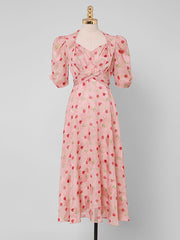 Pink Rose Floral Chiffon Vintage Style 1950S Dress