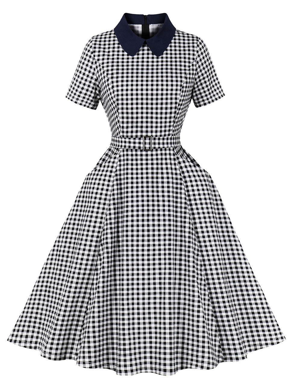 1950S Black Peter Pan Collar Plaid Short Sleeve Vintage Swing Dress