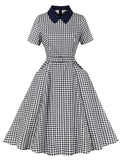 1950S Black Peter Pan Collar Plaid Short Sleeve Vintage Swing Dress
