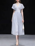Light Blue Striped V Neck 1950S Vintage Dress