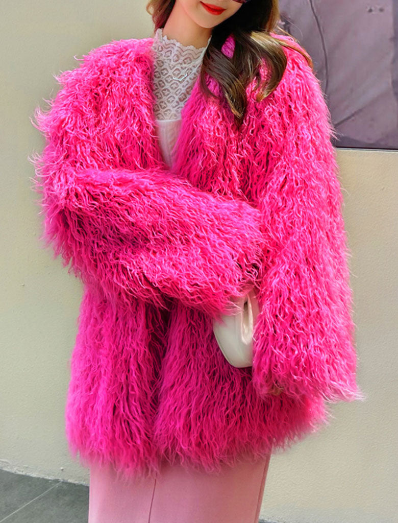 Green Faux Fur Long Sleeve Lambswool Coat Winter Coat