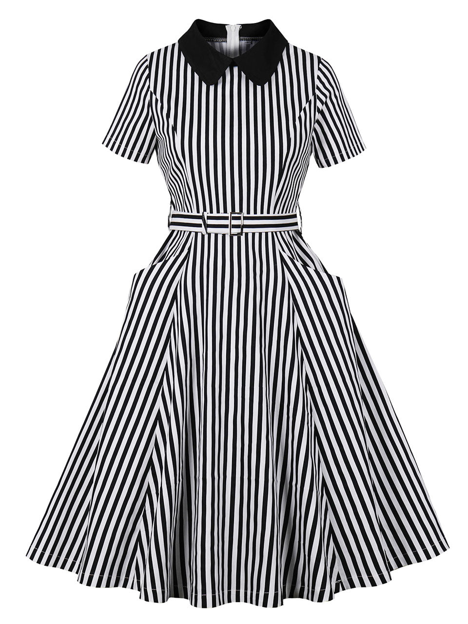 Black Peter Pan Collar Stripe 1950s Vintage Swing Dress