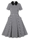 Black Peter Pan Collar Stripe 1950s Vintage Swing Dress