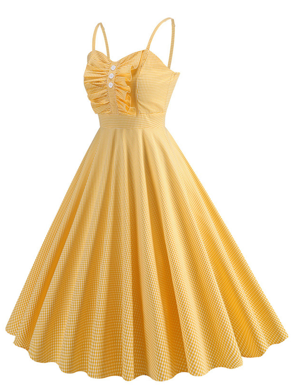 Yellow Plaid Spaghetti Bow Ruffles 1950S Vintage Dress