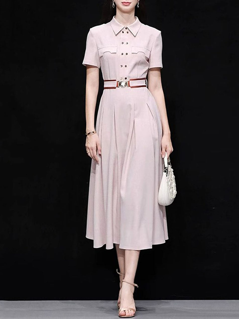 Apricot Pink Double-Breasted Belted Tunic Shirt Dress