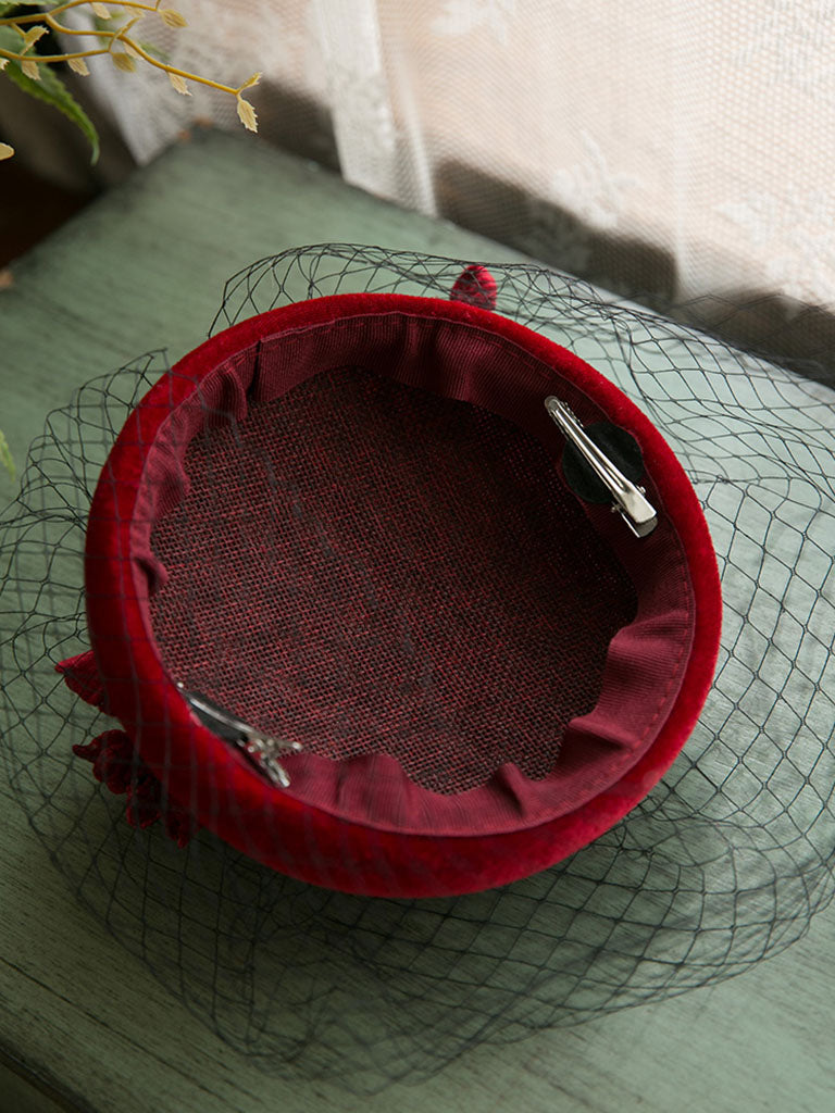 Wine Red Flower Tulle Vintage Velvet 1950S Hat
