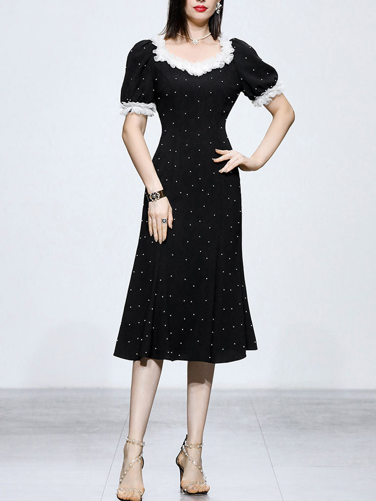 White Lace Square Neck Puff Sleeve Vintage Pearl Hepburn Style Midi Black Dress