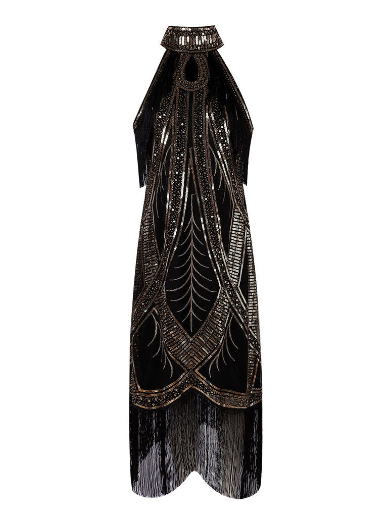 Apricot Cold Shoulder Gatsby Glitter Fringe 1920s Flapper Dress