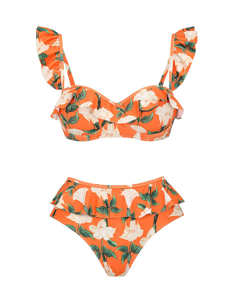 Orange Retro Floral Print Bikini