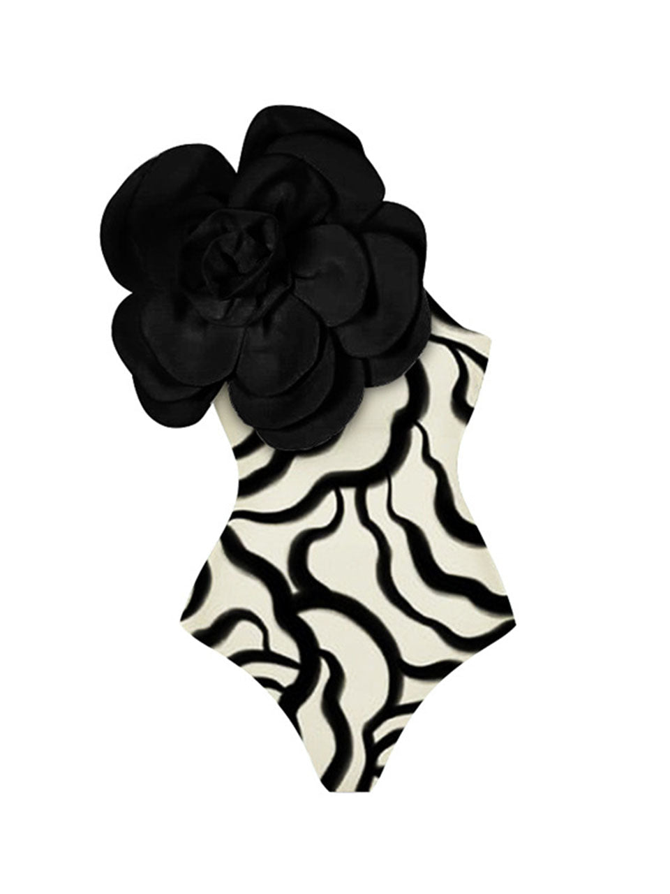 Black Zebra Print One Shoulder Flower Swimsuit