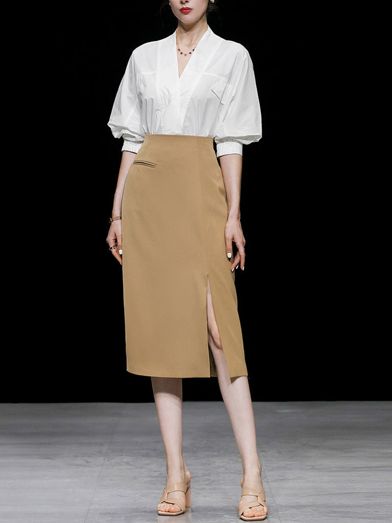2PS V Neck White Shirt And Khaki Split Bodycon Skirt Suit