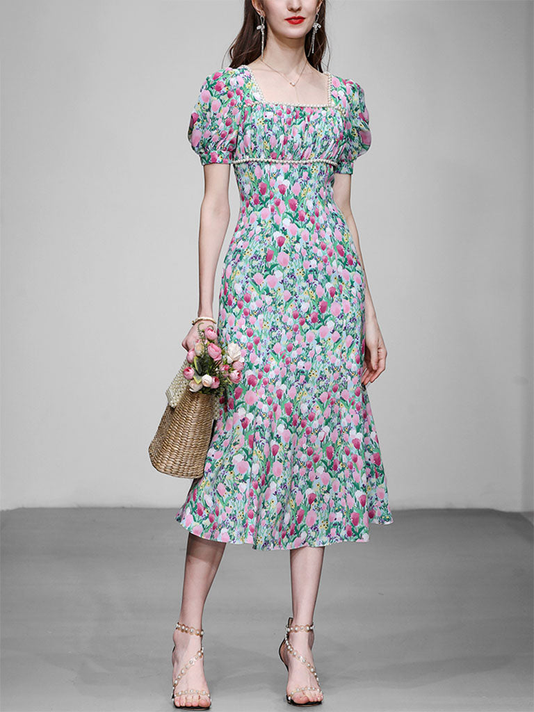 Blue Tulip Print Pearl 1950S Vintage Dress