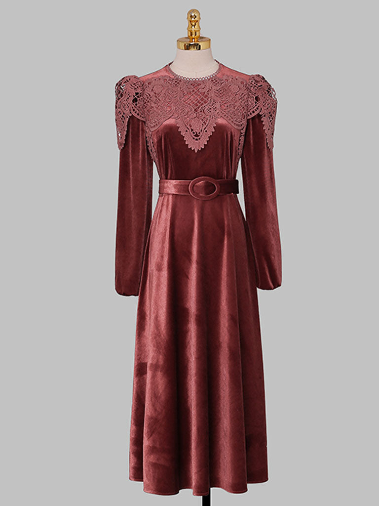 Red Crew Neck Velvet Puff Sleeve 1950S Vintage Dress