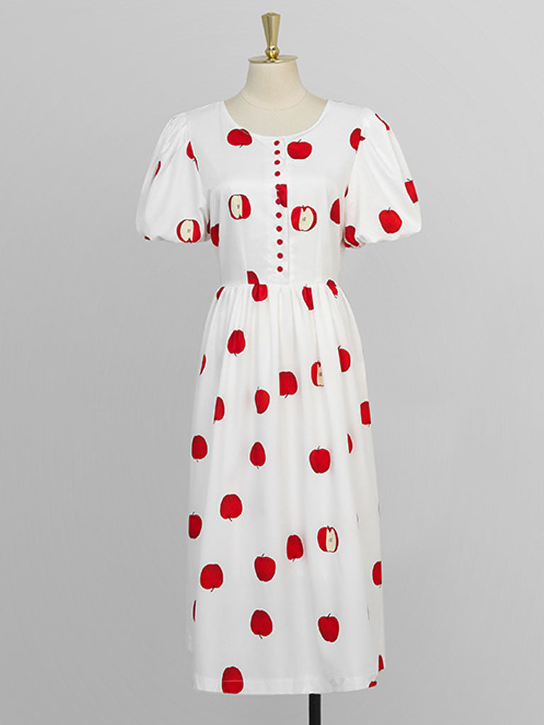 White Crew Neck Printed Red Apple Swing 1950S Dress