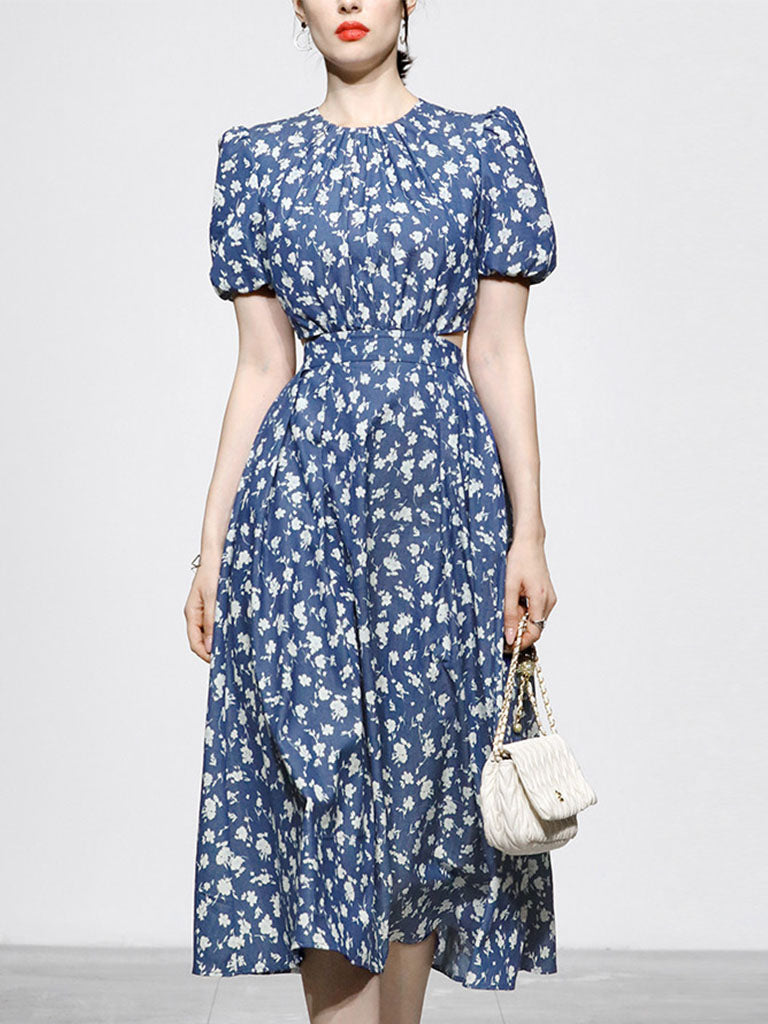 Lake Blue Floral Print Waist Cut Out Puff Sleeve Summer 1950S Dress