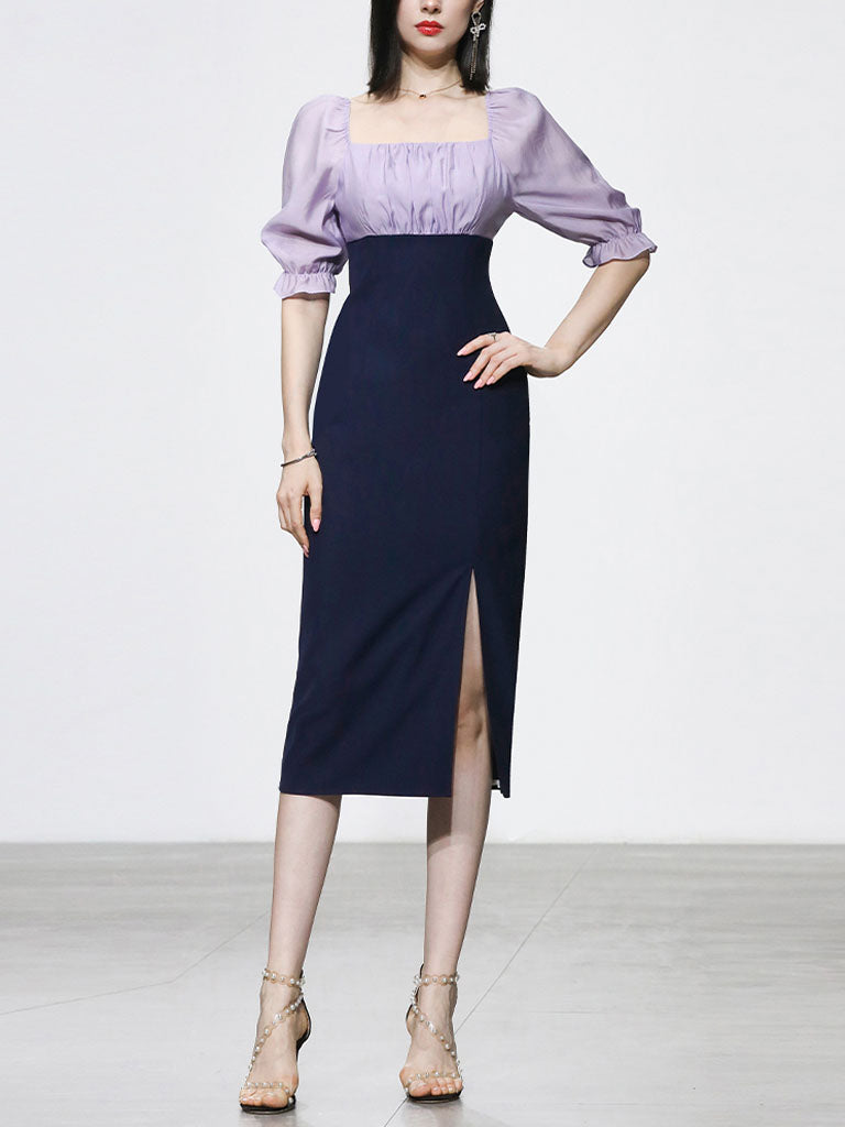 Purple Puff Sleeve Square Neck Slit 1940S Vintage Dress