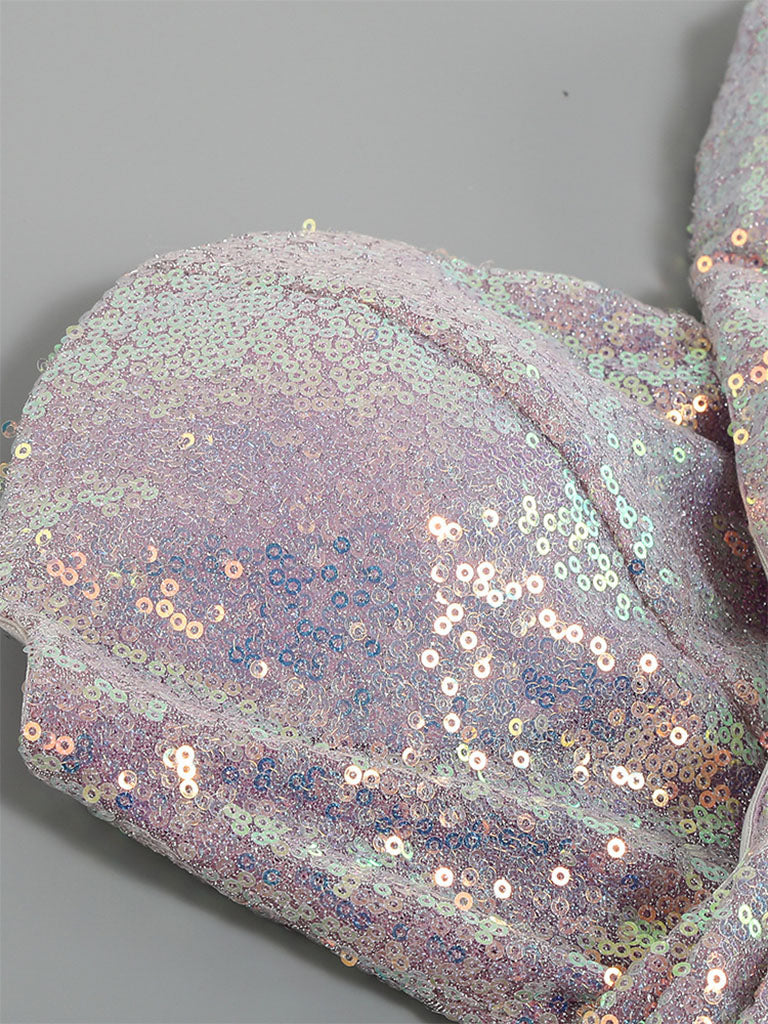 Purple Sweet Feather Hem Sequin Strapless Bodycon Gown Party Dress