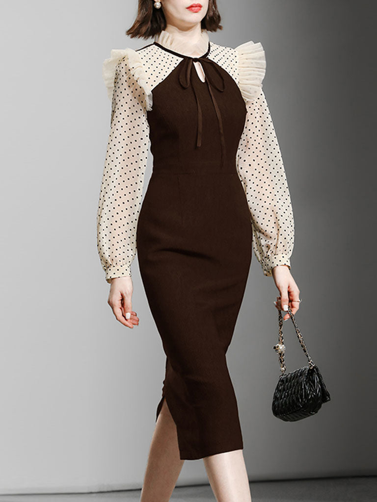 Coffee 1960S Vintage Polka Dots Ruffles Long Sleeve Bodycon Dress