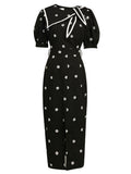 Black Embroidered Flowers Puff Sleeve 1940S Split Vintage Dress