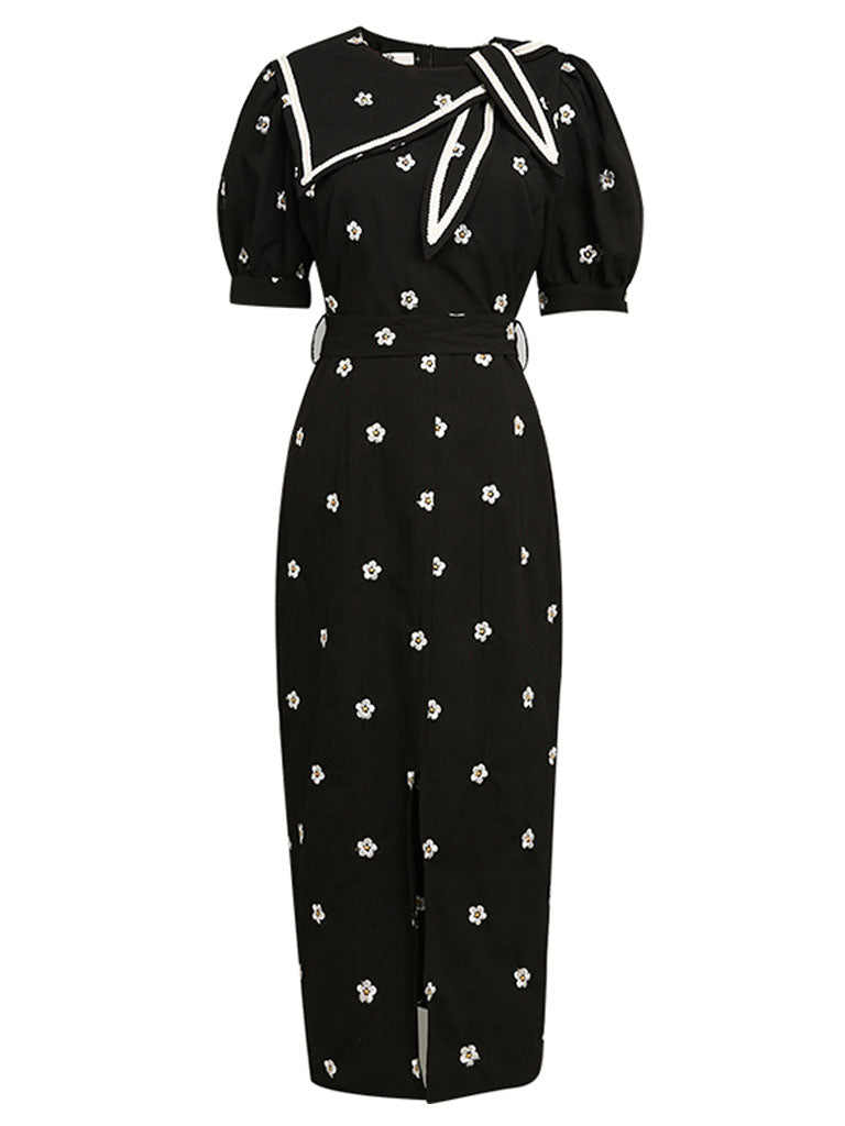 Black Embroidered Flowers Puff Sleeve 1940S Split Vintage Dress