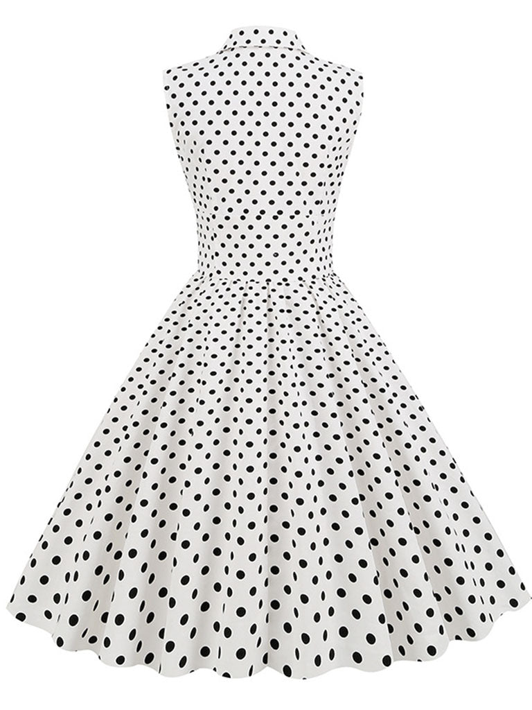 White Polka Dots Sleeveless 1950S Vintage Shirt Swing Dress