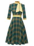 Green And Yellow Plaid 3/4 Sleeve 1950S Cotton Vintage Dress
