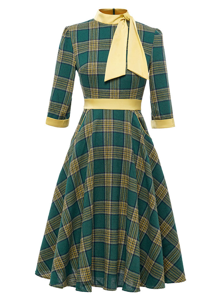 Green And Yellow Plaid 3/4 Sleeve 1950S Cotton Vintage Dress