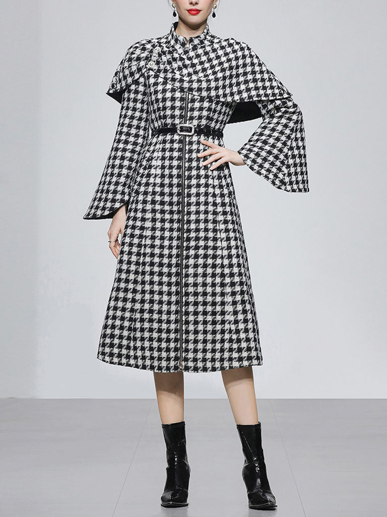 2PS Stand Collar Flared Sleeve  Houndstooth Wool Coat