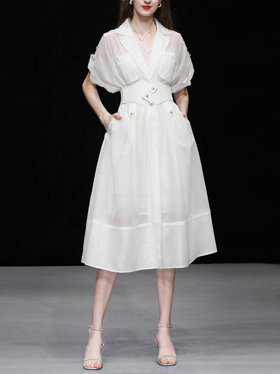 White Lapel Trench 1950S Vintage Organza Dress