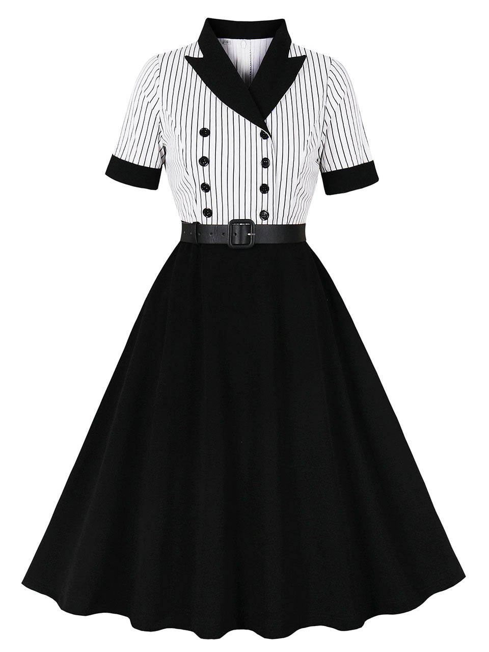 1950S Black Stripe Turndown Collar Short Sleeve Vintage Dress