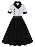 1950S Black Stripe Turndown Collar Short Sleeve Vintage Dress