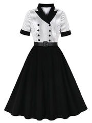 1950S Black Stripe Turndown Collar Short Sleeve Vintage Dress