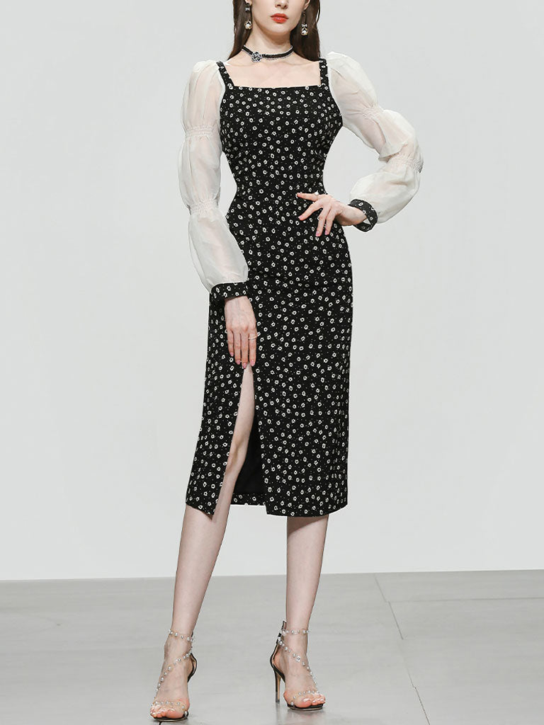Black Daisy Print Split Straight Dress