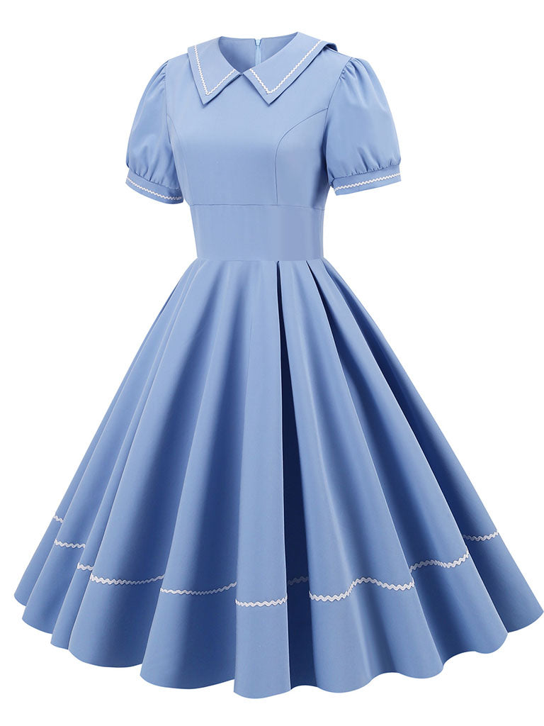 Blue Hepburn Style Navy Wavy Lace Puff Short Sleeved Elegant Swing Dress