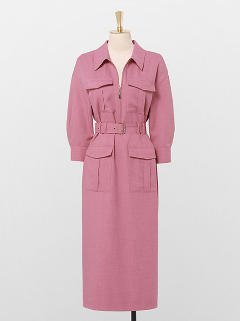 Nude Pink Turndown Collar Half Sleeve 1940S Vintage Dress