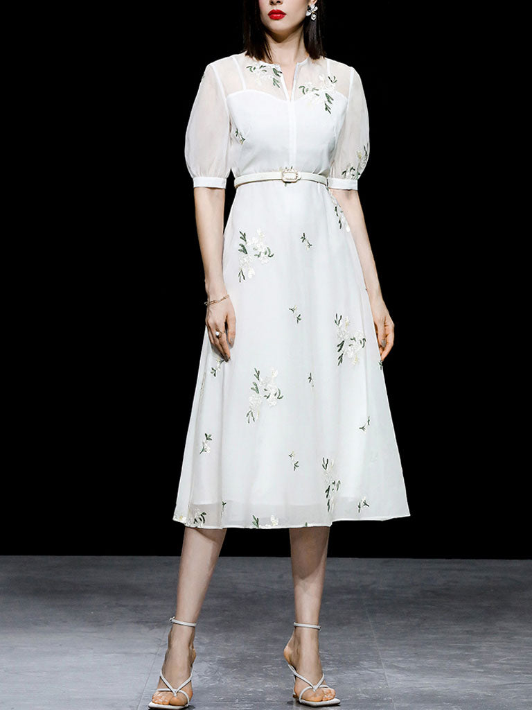 White V Neck Puff Sleeves Embroidered Organza Vintage Dress