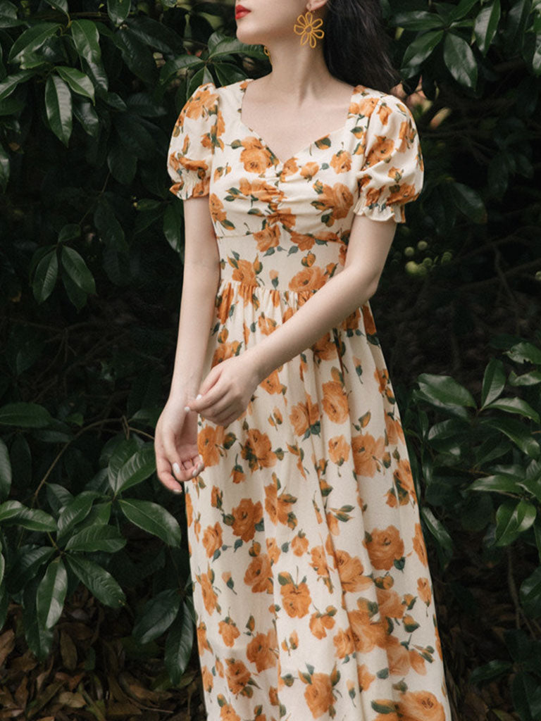 Orange Rose Sweet Heart Collar Puff Sleeve 1950S Vintage Dress