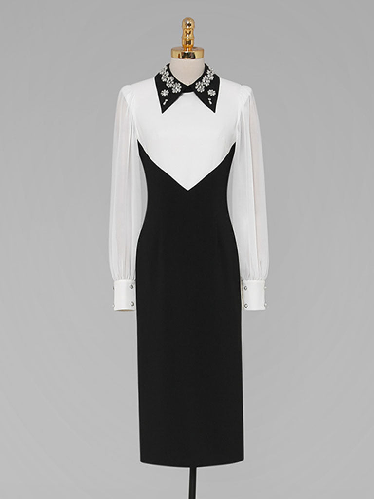 Black And White Embroidered Drill Long Sleeve Vintage 1940S Dress