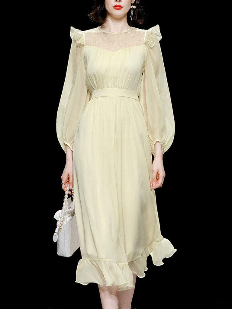 Yellow Ruffles Collar Long Sleeve 1950S Vintage Dress