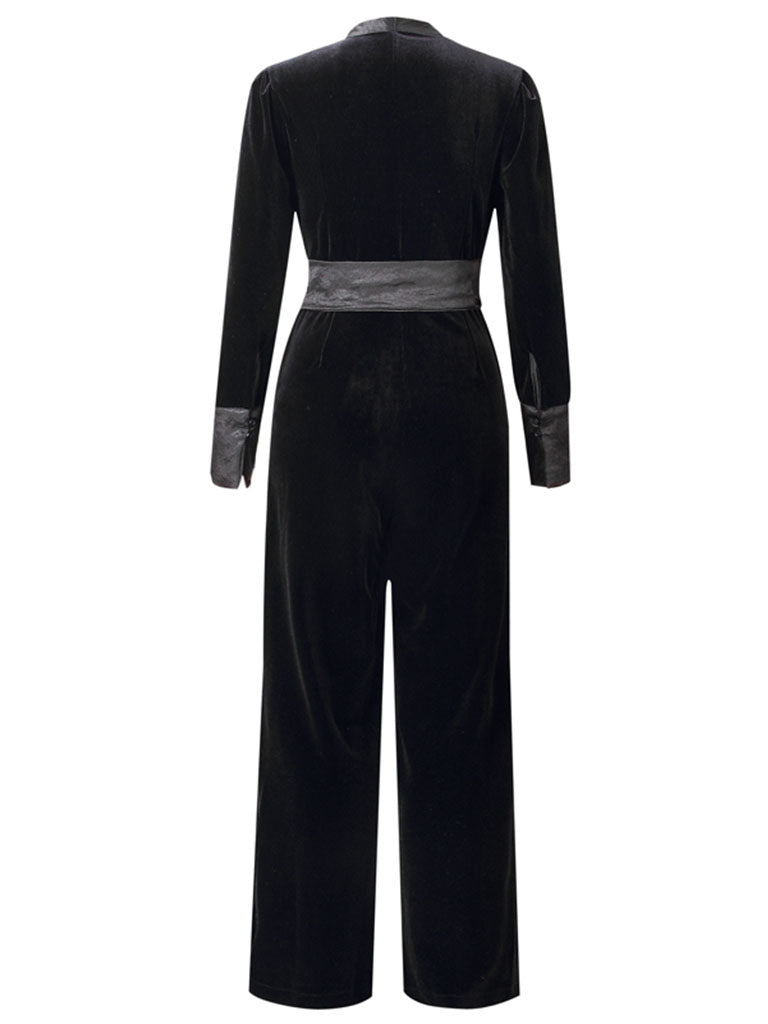 Deep V Neck Black Velvet Jumpsuit Vintage Rompers