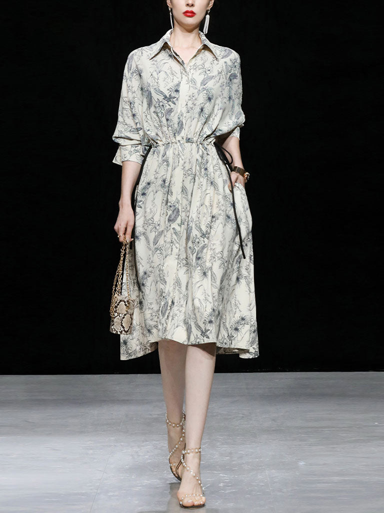 Apricot Doll Sleeves Nipped Waist Slim Print Shirt Dress