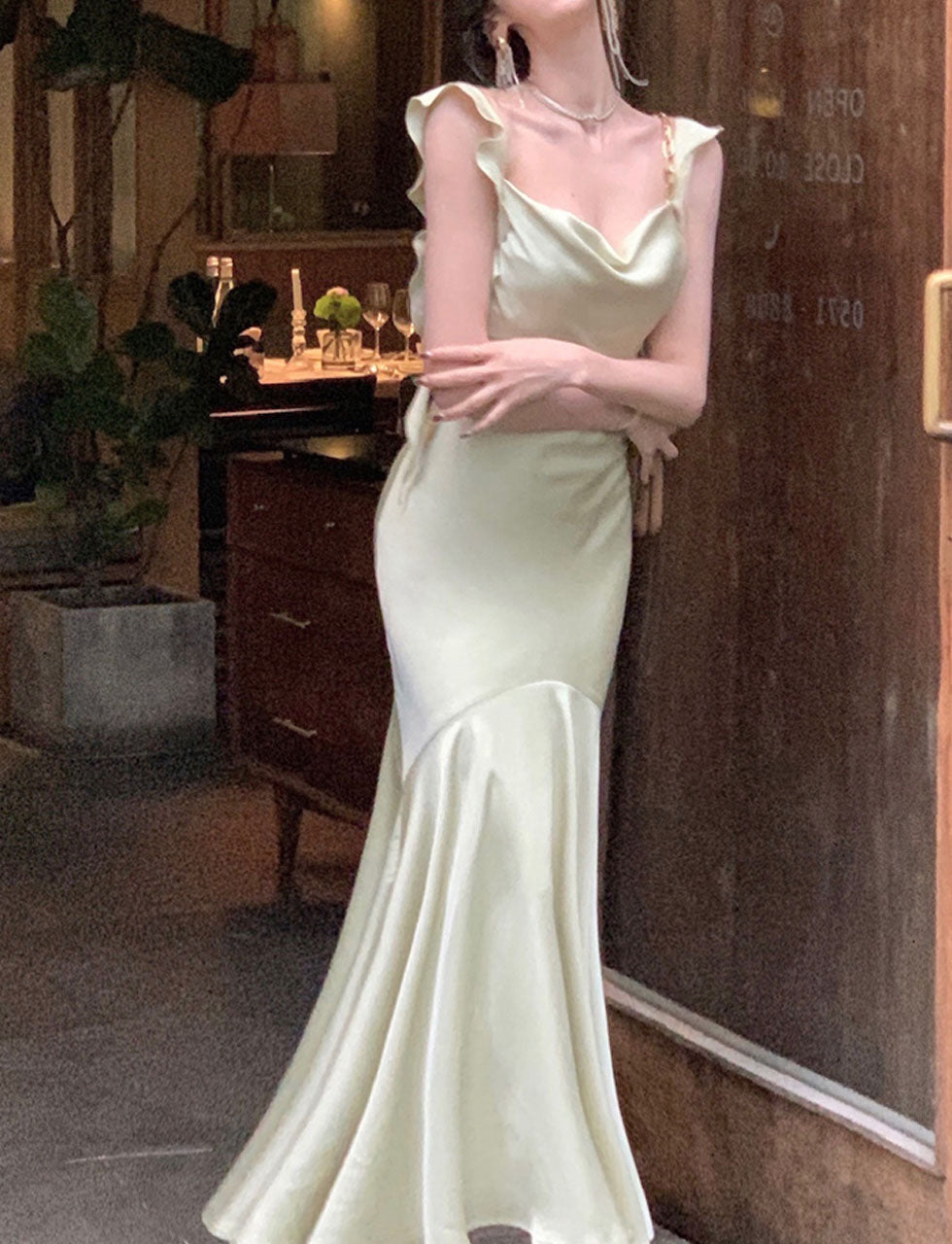 Green Spaghetti Strap Ruffles Bodycon Dress Gown Party Dress