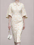 Apricot Peter Pan Collar Slit Embroidered 1940S Vintage Dress