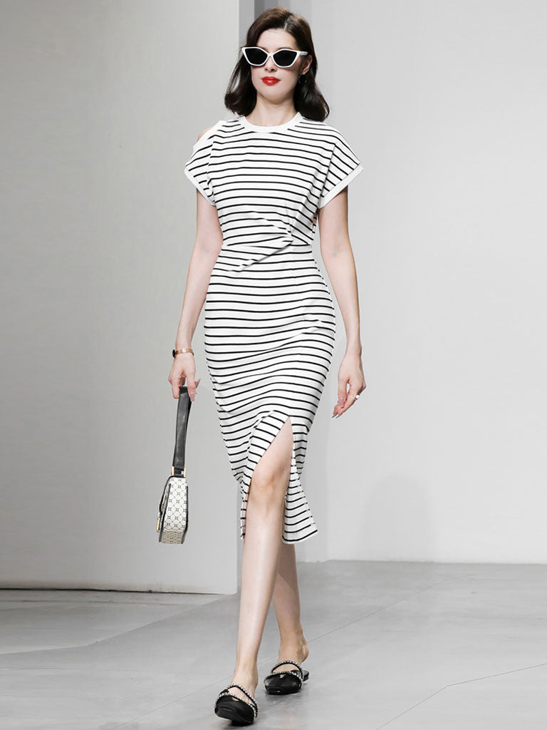 Striped Crew Neck Slit Casual Bodycon Dress