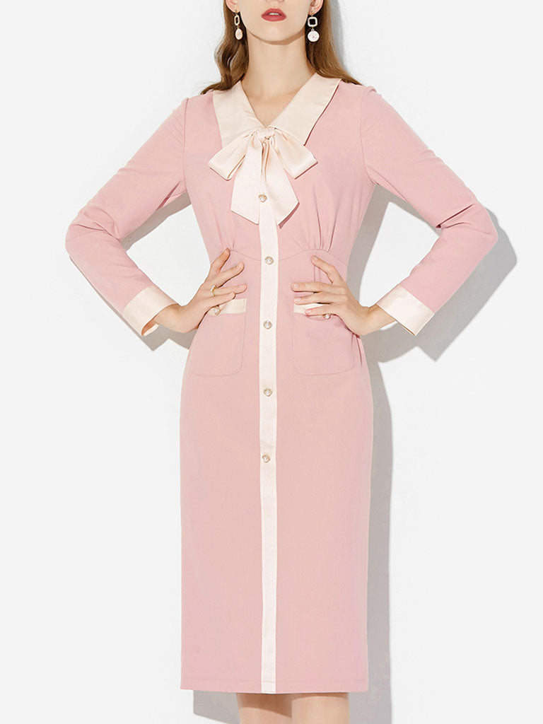 Pink Turn Down Collar Long Sleeve 1940S Vintage Dress