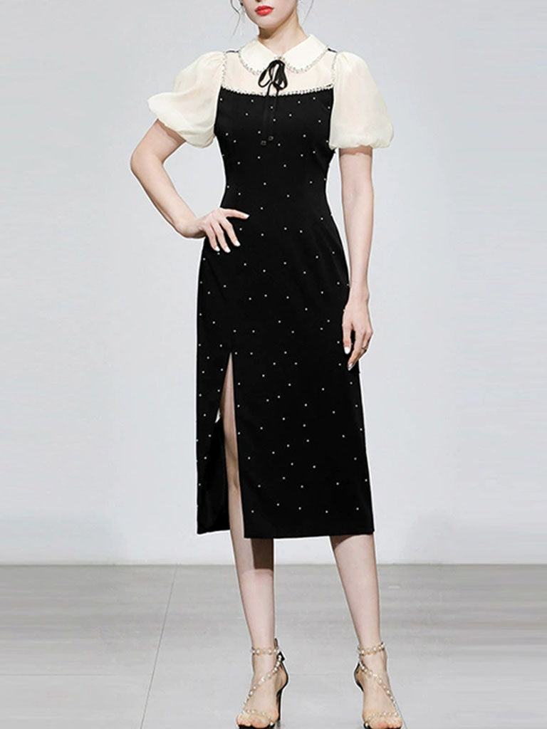 Black Peter Pan Collar Puff Sleeve Split Party Dress