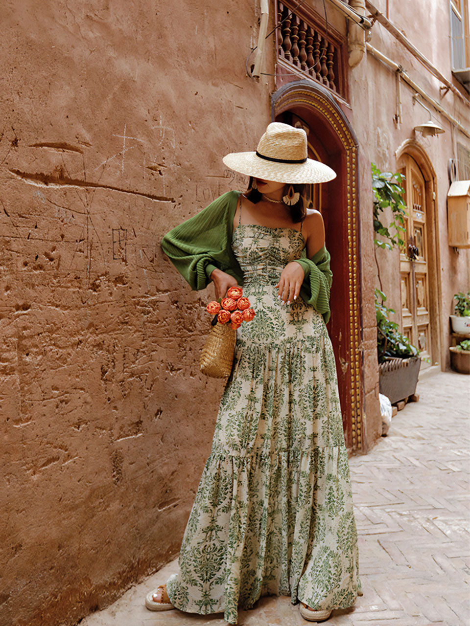 Green Bohemian Floral Print Chiffon Maxi Dress Prom Dress