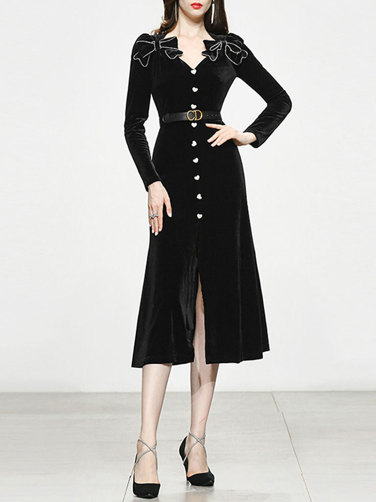 Black Bowknot V Neck Velvet Heart Button 1950S Vintage Dress