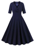 Navy V Neck Short Sleeve 1950S Vintage Dress